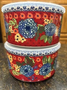Set of 2 Pioneer Woman Red Dazzling Dahlias Ceramic Bowls w/Plastic Lids 7" - Picture 1 of 11