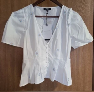 En Saison Floral Embroidered Blouse White Sz Small Short Sleeve Ruffle Classic - Picture 1 of 8