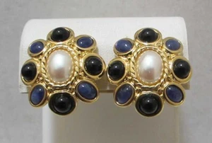 Oval Faux Mabe Pearl Dark Green & Blue Cabochons Gold Tone Clip Earrings 1-1/8” - Picture 1 of 12