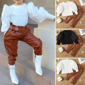 Kids Toddler Baby Girl Fashion Puff Sleeve Sweater + PU Pants + Belt Outfits Set