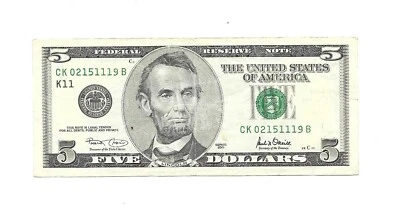 2001- $5. DOLLAR NOTE VERY CRISPY, FANCY # (02151119) - GREAT BILL. - Image 1 of 2