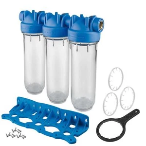 Carcasa de filtro de agua en línea de 3 etapas de 10" puertos de 3/4" con soporte de pared y llave - Imagen 1 de 3