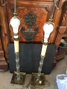 PAIR OF Vintage 1980s Chapman Blown Glass Bamboo Column Brass Accent Table Lamp - Picture 1 of 5