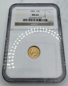 Choice 1853 G$1 GOLD DOLLAR NGC MS62 GOLD COIN - Picture 1 of 2