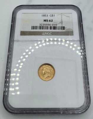 Choice 1853 G$1 GOLD DOLLAR NGC MS62 GOLD COIN - Image 1 of 2