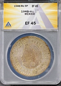 1948-Mo 5 Pesos 90% Silver EF-45 ANACS # 7666116 + Bonus - Picture 1 of 2
