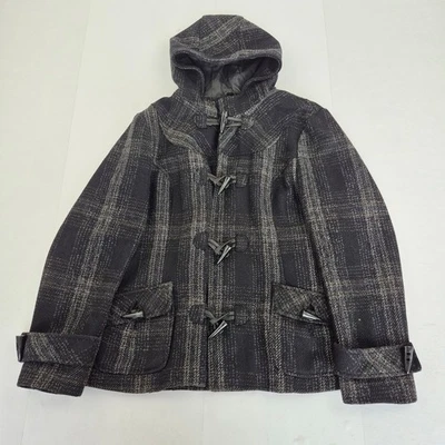 DEBENHAMS Abrigo 14 Negro Mujer Mezcla de Lana Cuadros Lona Chaqueta con Capucha - Imagen 1 de 4