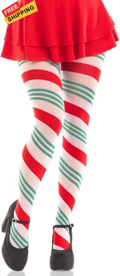 Leg Avenue womens Christmas Holiday Spandex Tights One Size, Green/Red Stripes  - Image 1 of 4