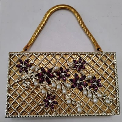 Bolso de Noche Estuche Compacto Muñequera Vintage Años 50 Evans Floral Estrás Tono Dorado Foto 1 de 4