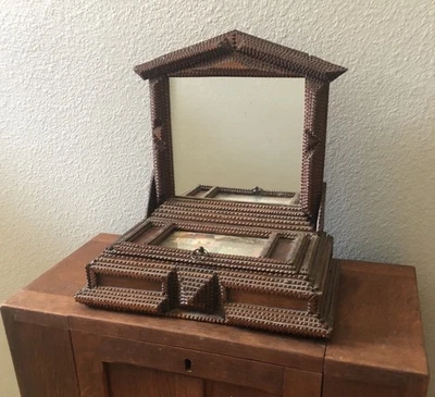 Lovely Antique Tramp Art Jewelry Box W/Miniature Watercolor Painting & Mirror - Image 1 of 4