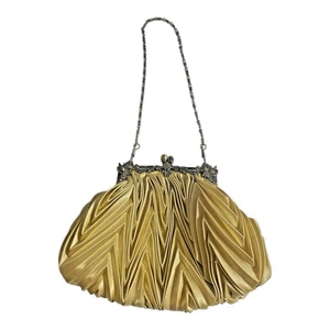 Evening Bag Gold Satin Pleated Party Antique Look Frame Kiss Lock Chain Strap - Picture 1 of 12