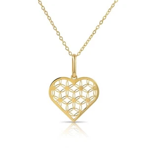 14K Real Solid Yellow Gold Dainty Floral Open Heart Pendant Charm Necklace 18 in - Picture 1 of 13
