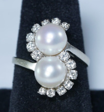 14K White Gold Cultured Pearl  + Sapphire 'Moi et Toi' Ring Size 9