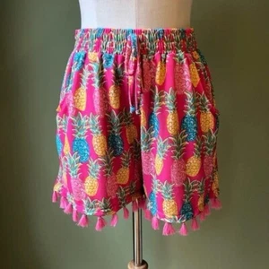 Simply Southern Shorts Womens L/XL Pineapple Print Fringe Tassel Shorts Pink - Picture 1 of 9