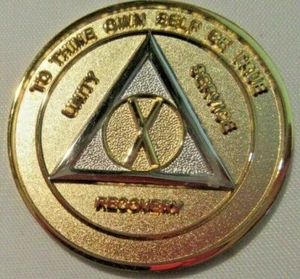 Gold Bi Plated Alcoholics Anonymous AA 10 Year Medallion Coin Chip Token Sober - Picture 1 of 6