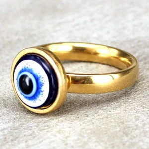 18K Gold Stainless Steel Blue Evil Eye Ring Silver Color US Size 9.5 - Picture 1 of 3