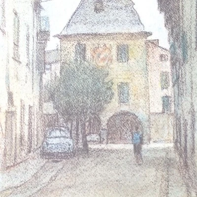 Giorgio Matteo Aicardi dibujo pastel escena callejera siglo XX italiano #45 Foto 1 de 4