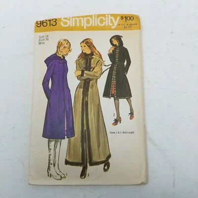 Simplicity 9613 Hooded Duster Trench Coat Peacoat Sewing Pattern Womens 14 36 - Image 1 of 4