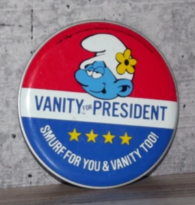 Vintage 1984 Vanity For President Smurf For You & Vanity Too Stick On Button B49 - Picture 1 of 1