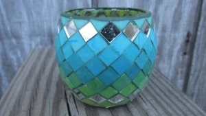 NEW FIMO Polymer Clay Covered Glass Globe Votive Candle Holder Blue Mosaic - Picture 1 of 3