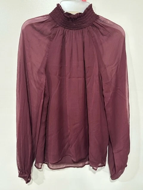 Joie Women's Long Sleeve Smocked Top Deep Wine Extra Small XS