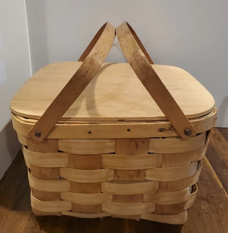 Large Vintage Basketville Wooden Weave Picnic Basket Putney Vermont Hinged Top Cover