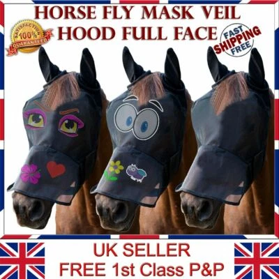 LTG Horse Cob Pony Fly Mask Net Veil Hood Full Face Cartoon Ears Nose Protection - Image 1 of 4
