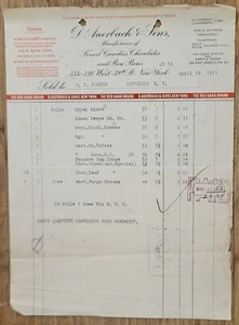 1912 Billhead New York City D Auerbach & Sons Finest Candies Chocolates - Picture 1 of 1