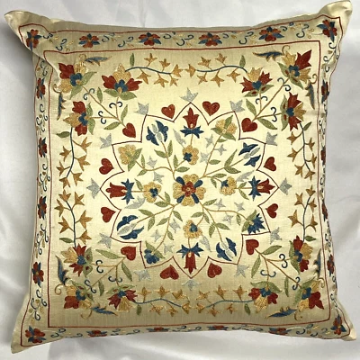 Silk Hand-Embroidered Suzani Pillow Decorative Down Fill Elegant Excellent Cond. - Image 1 of 4
