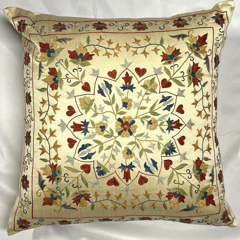 Silk Hand-Embroidered Suzani Pillow Decorative Down Fill Elegant Excellent Cond. - Image 1 of 4