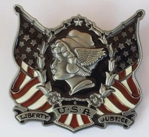 USA LIBERTY JUSTICE FLAT LADY 3-D MULTI-COLOR AMERICA AMERICAN BELT BUCKLE - Picture 1 of 2