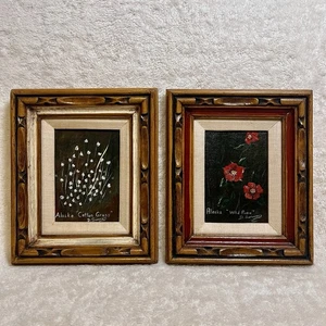 Dipinto olio vintage fiori selvatici dell'Alaska arte originale 10x12" cornice legno ornato - Foto 1 di 9