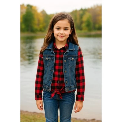 Old Navy Girls Denim Vest Red Buffalo Plaid fleece 14/16  Woodsy Fall Festival - Image 1 of 4