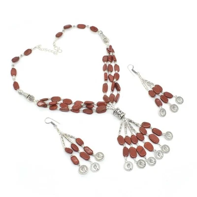 Conjunto étnico de múltiples cuerdas collar pendiente de piedras preciosas de jaspe rojo moneda vintage G944 Foto 1 de 4