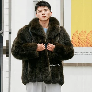 Mens Real Fox Fur Coat Genuine Fur Jacket Fashion Notched Lapel Collared Outwear - Picture 1 of 26