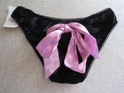 rene rofe lingerie rue21 black velvet pink satin bow keyhole bikini panty 5/S - Image 1 of 4