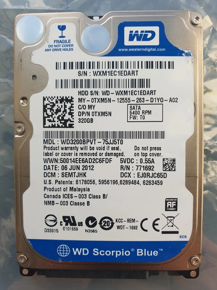 Western Digital 320GB WD3200BPVT-75JJ5T0 2.5" SATA HARD DRIVE WD - DCM: SEMTJHK - Image 1 of 1