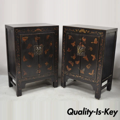 Vintage Black Lacquer Hand Painted Butterfly Chinese Oriental Cabinets - a Pair Cover