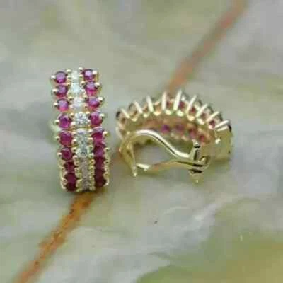 Round Cut Lab-Created Ruby & Diamond Women Hoop Earrings 14K Yellow Gold Plated - Image 1 of 3