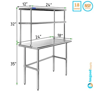 18" x 24" Stainless Steel Open Base Table With 12" Wide Double Tier Overshelf - Picture 1 of 6