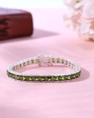 17ct Lab-Created Princess Green Tourmaline 4mm Tennis Womens Bracelet 925 Silver - Image 1 of 4