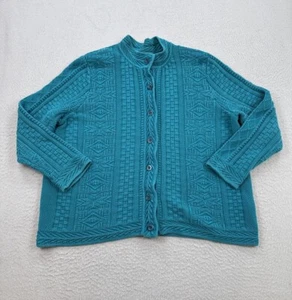 LL Bean Sweater Womens 3X Blue Green Cable 3D Knit Cotton Button Front Cardigan - Picture 1 of 6