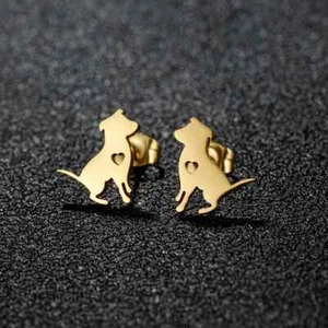 Dog Stud Gold Earrings with Heart, Dog Love Pet, Great Gift, Animal Lover - Picture 1 of 6