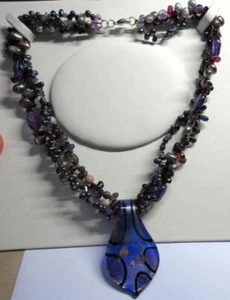 Vintage MURANO ART GLASS PENDANT Pearl, Amethyst Garnet Gemstone SILVER NECKLACE - Picture 1 of 9