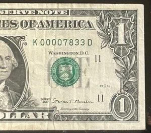 (LOW SERIAL NUMBER!) $1 Low Four Digit Fancy Serial Number K00007833D *2017* - Picture 1 of 3