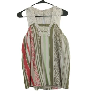 Top CABI Beige Crochet Encaje Verde Rojo Floral Rayas Trasero Cerradura Forrado Talla S Foto 1 de 4