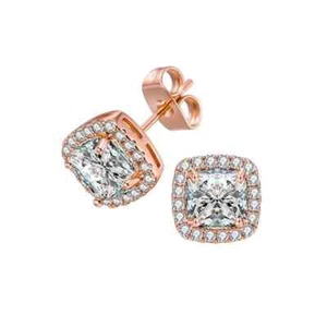 10k Rose Gold Plated 4 Carat White Princess Cut Created CZ Halo Stud Earrings - Picture 1 of 1