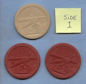 CLAY POKER CHIP LOT of THREE AIRPLANE GAME CHIPS 2 RED 1 BROWN NO DAMAGE - Picture 1 of 2