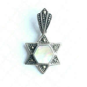 Rose MOTHER OF PEARL Jewish Star of David PENDANT Marcasite 925 STERLING SILVER - Picture 1 of 3