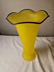 Satin Yellow Splatter With Navy Blue Trim Hand Blown Tango Vase 11.5" Tall - Picture 1 of 14